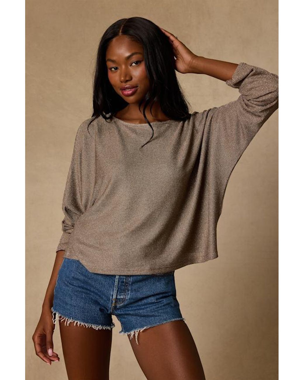 Lulus Brown Braylin Lurex Knit Dolman Sleeve Top