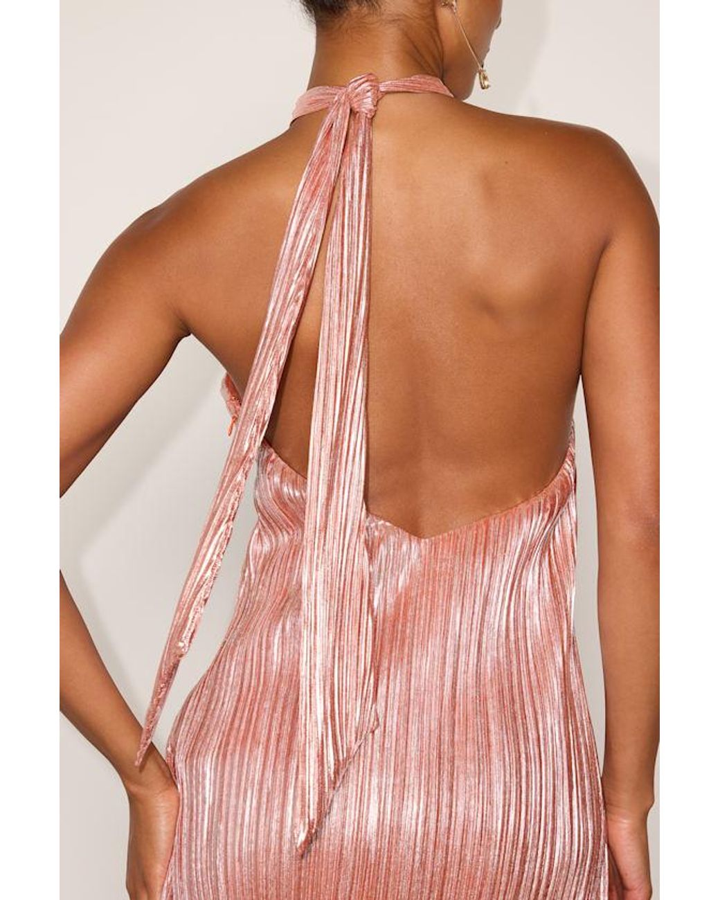 Lulus Pink Collins Lurex Plisse Halter Mini Dress