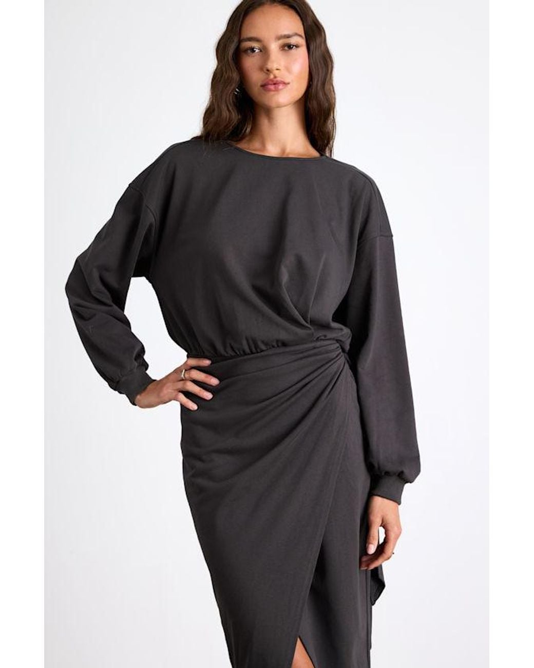 Lulus Black Eunia Jersey Knit Long Sleeve Wrap Midi Dress