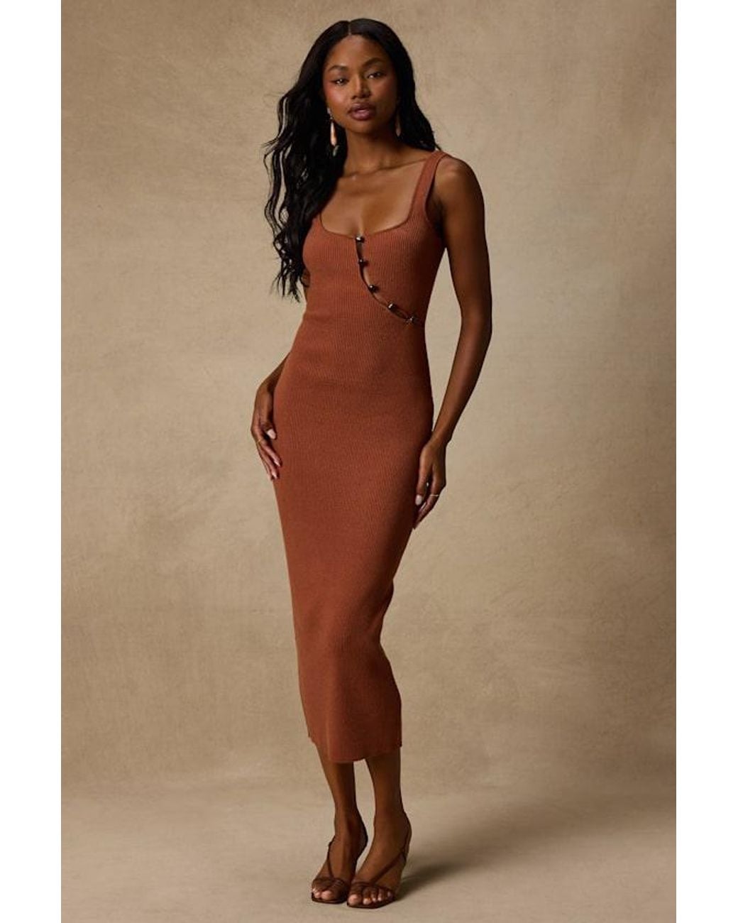 Lulus Brown Clairo Ribbed Knit Cutout Midi Dress