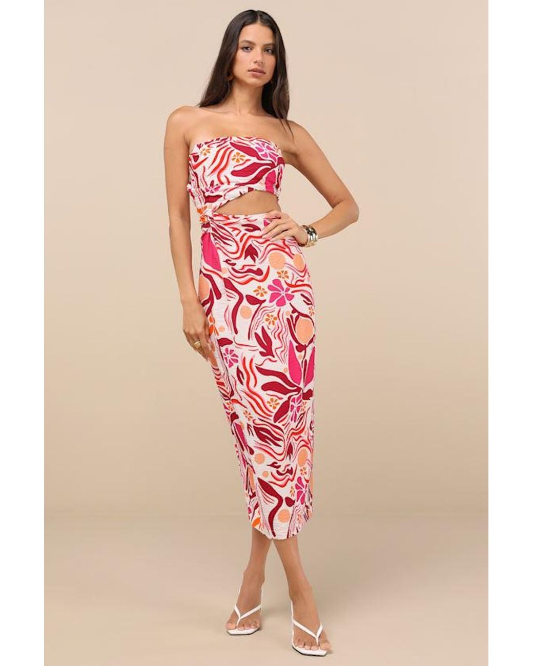 Lulus Pink Zisel And Floral Cutout Strapless Midi Dress