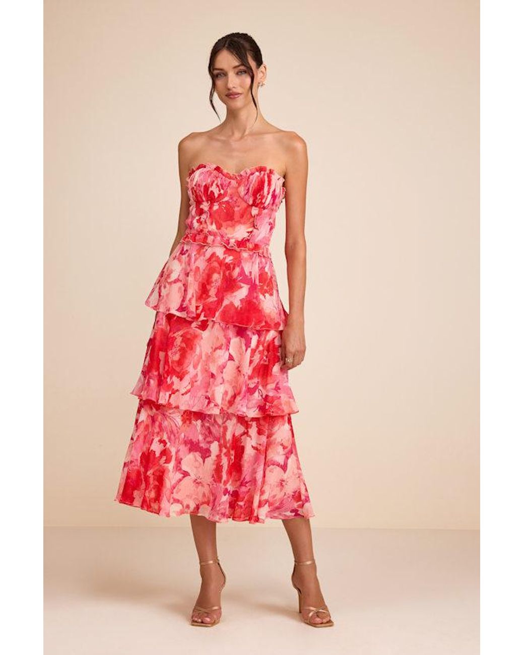 Lulus Pink Vaya Multi Floral Tiered Midi Dress