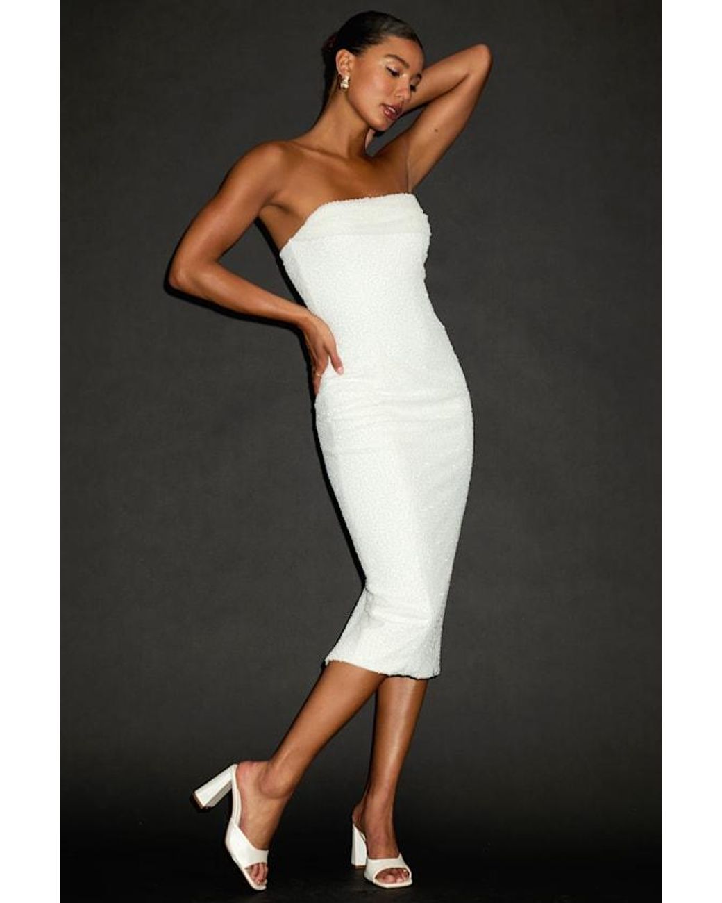 Lulus Natural Catriona Beaded Cowl Neck Strapless Midi Dress