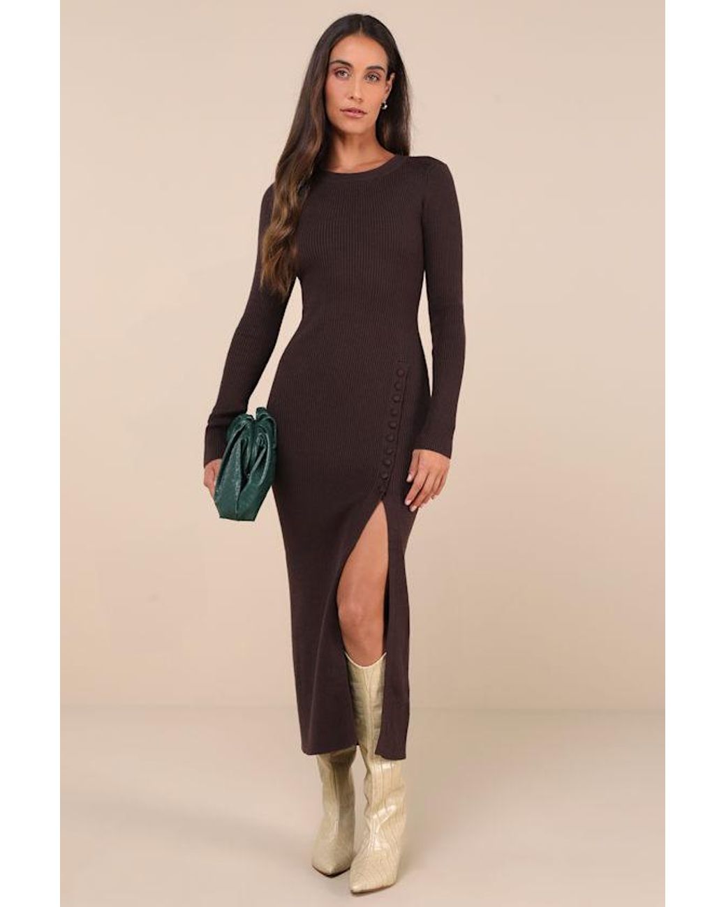 Lulus Refined Attitude Ribbed Side Button Midi Sweater Dress in Natural Lyst