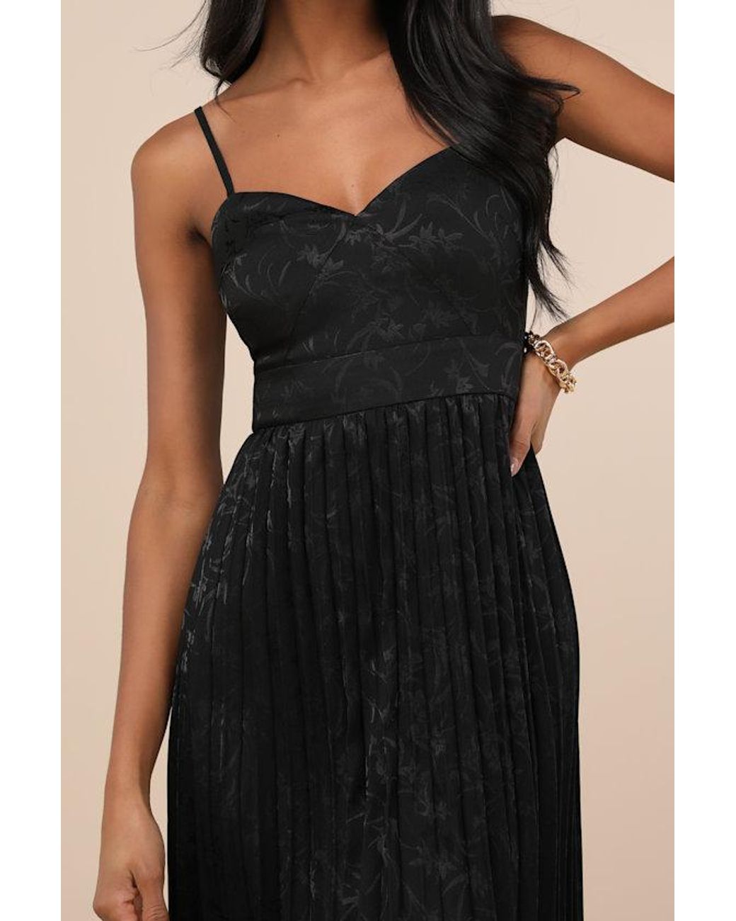 Lulus Black Regal Romance Floral Jacquard Pleated Satin Midi Dress
