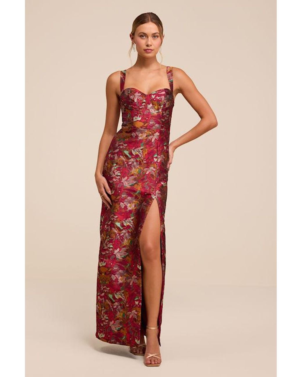 Lulus Red Demina Dark Floral Jacquard Bustier Maxi Dress