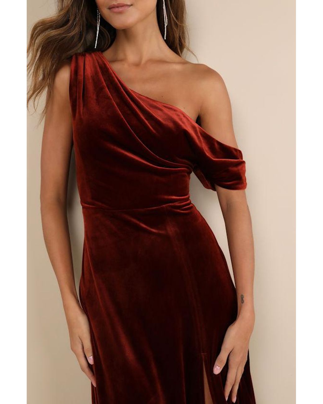 Lulus Coveted Confidence Velvet Asymmetrical Maxi Dress in Brown | Lyst