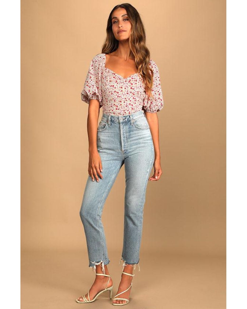Lulus Blue Beautiful Hues Floral Print Puff Sleeve Ruched Bodysuit