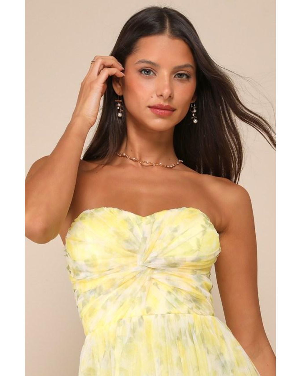 Lulus Yellow Perfect Whimsy Floral Mesh Strapless Midi Dress