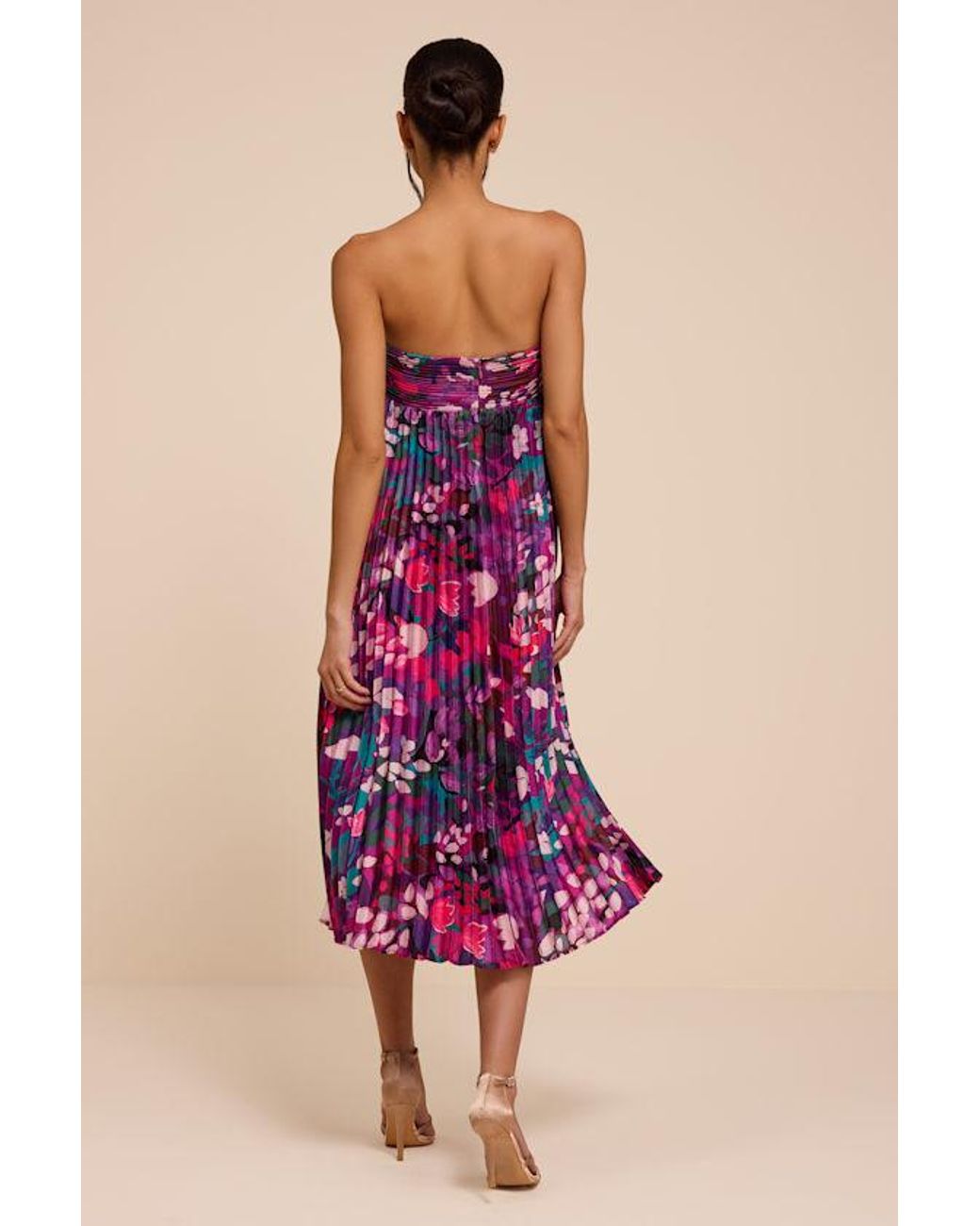 Lulus Pink Whimsical Beauty Multi Satin Plisse Strapless Midi Dress