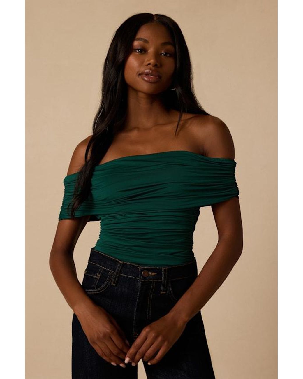 Lulus Green Jarena Ruched Off-The-Shoulder Top