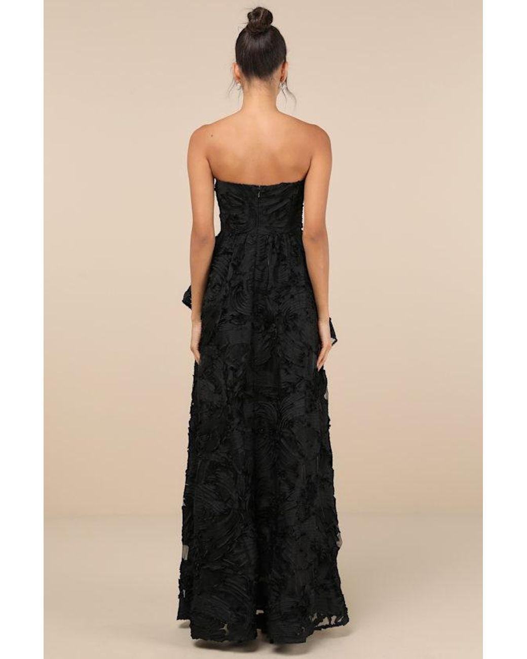 Lulus Majestic Glam Black ウェディング ハイロー マキシドレス Lulus Majestic Glam Strapless Textured High-Low Maxi Dress
