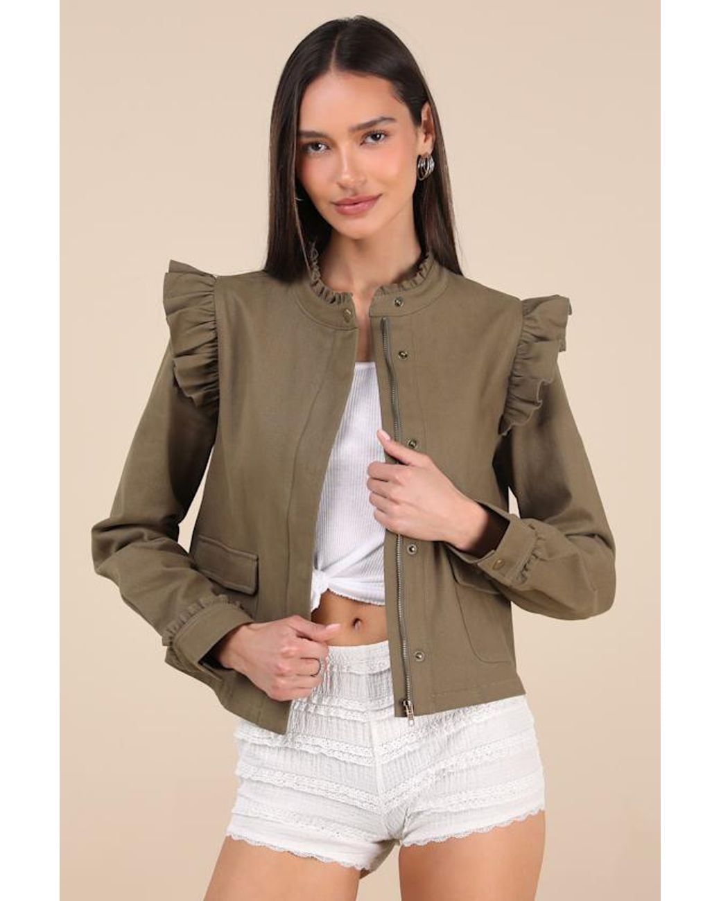Lulus Natural Harmen Ruffled Utility Jacket