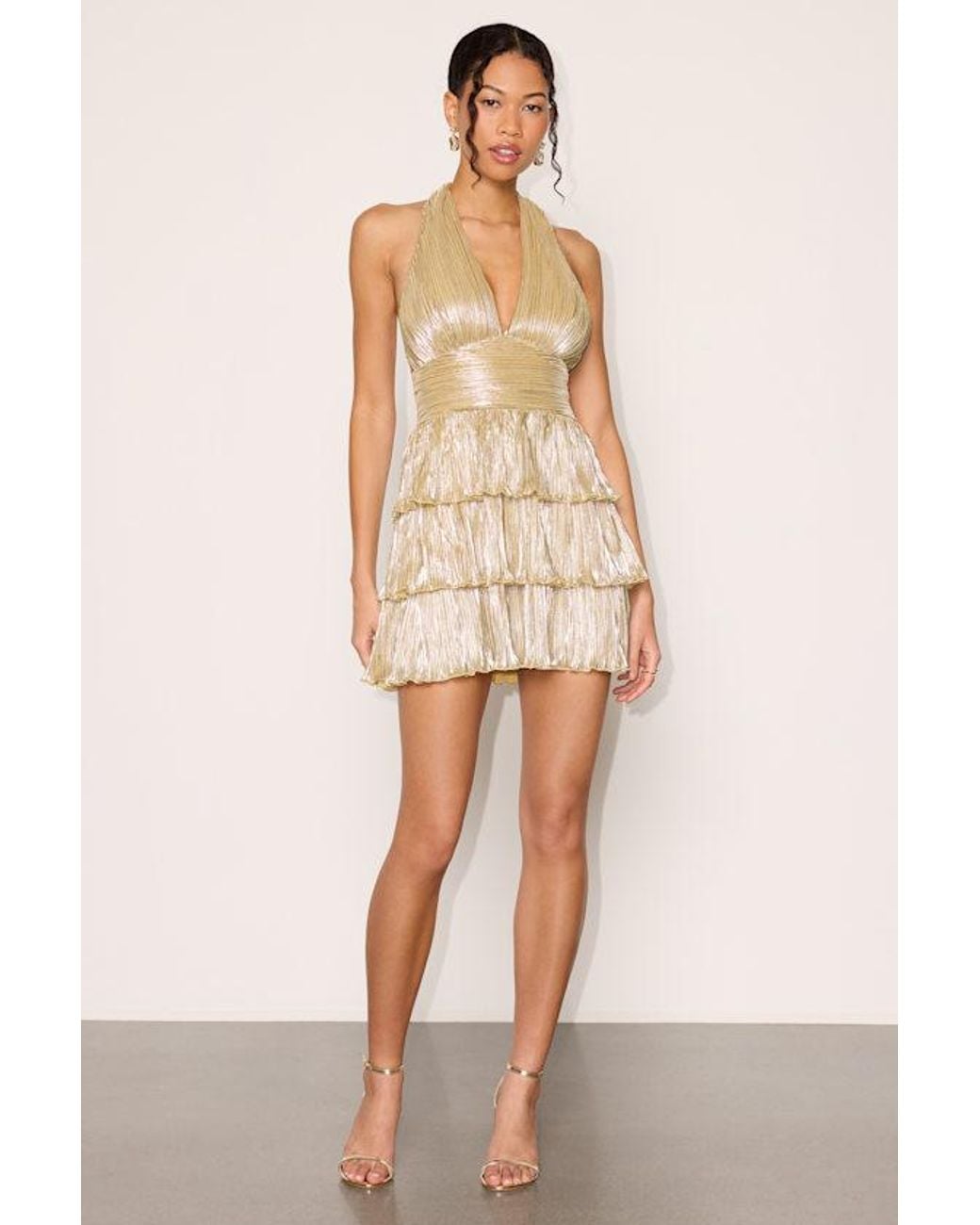 Lulus Natural Carrie Metallic Tiered Mini Dress