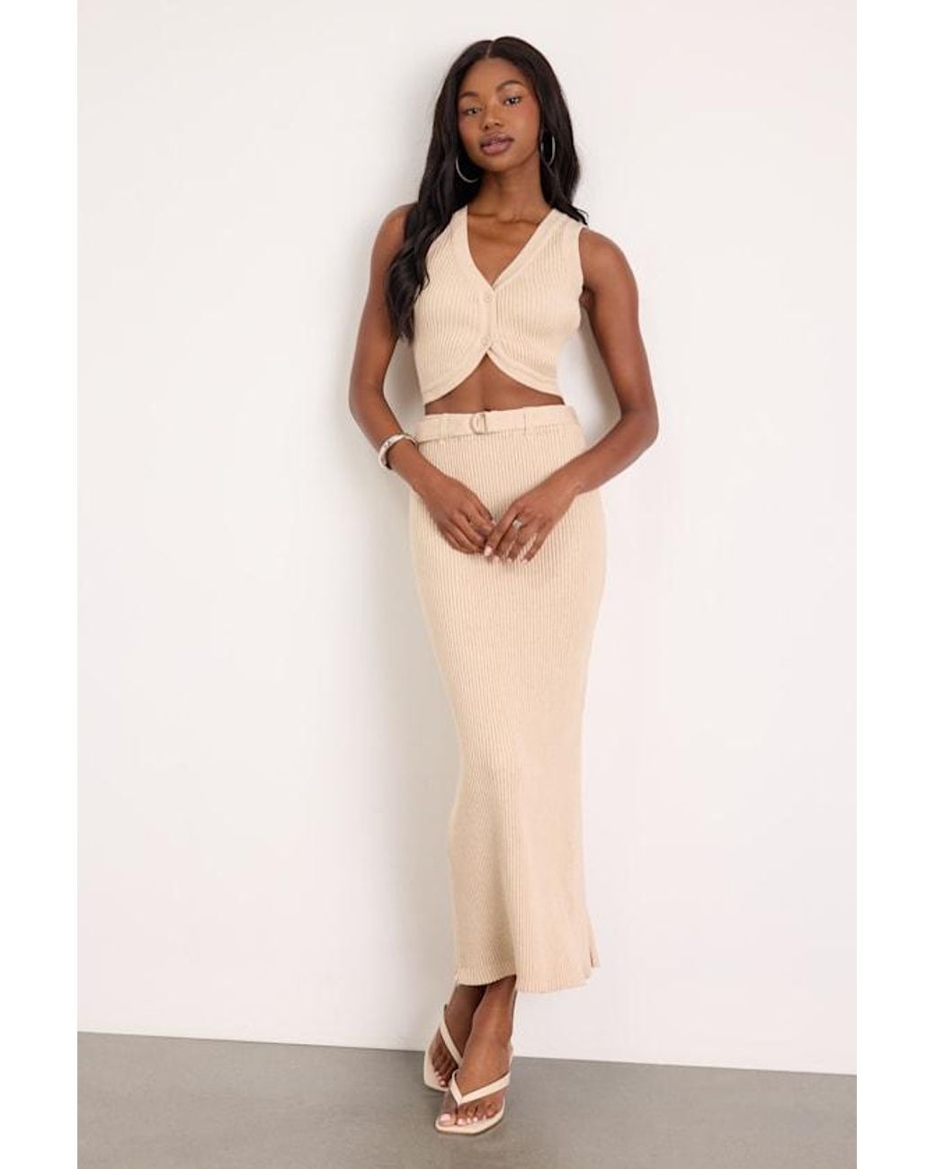 Lulus White Mariah Cream Ribbed Two-Piece Sweater Midi Dress