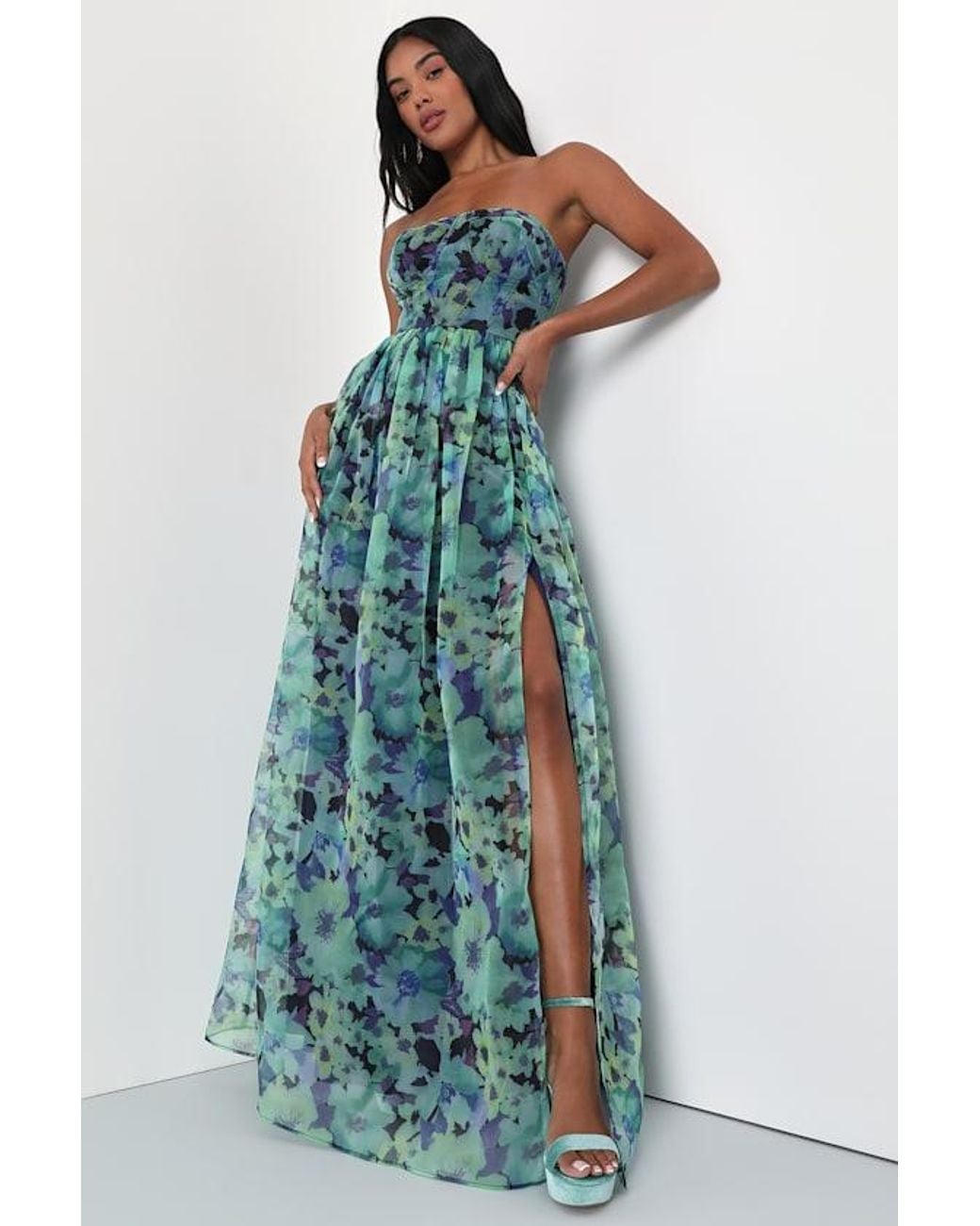 Lulus Blue Wonderful Waltz Floral Print Strapless Bustier Maxi Dress