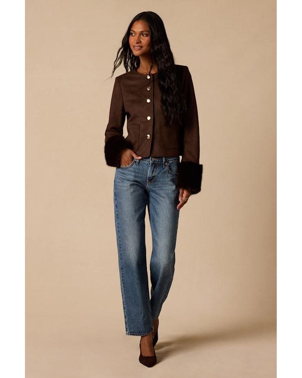 Lulus Blue Chalet Suede Fur-Trimmed Jacket