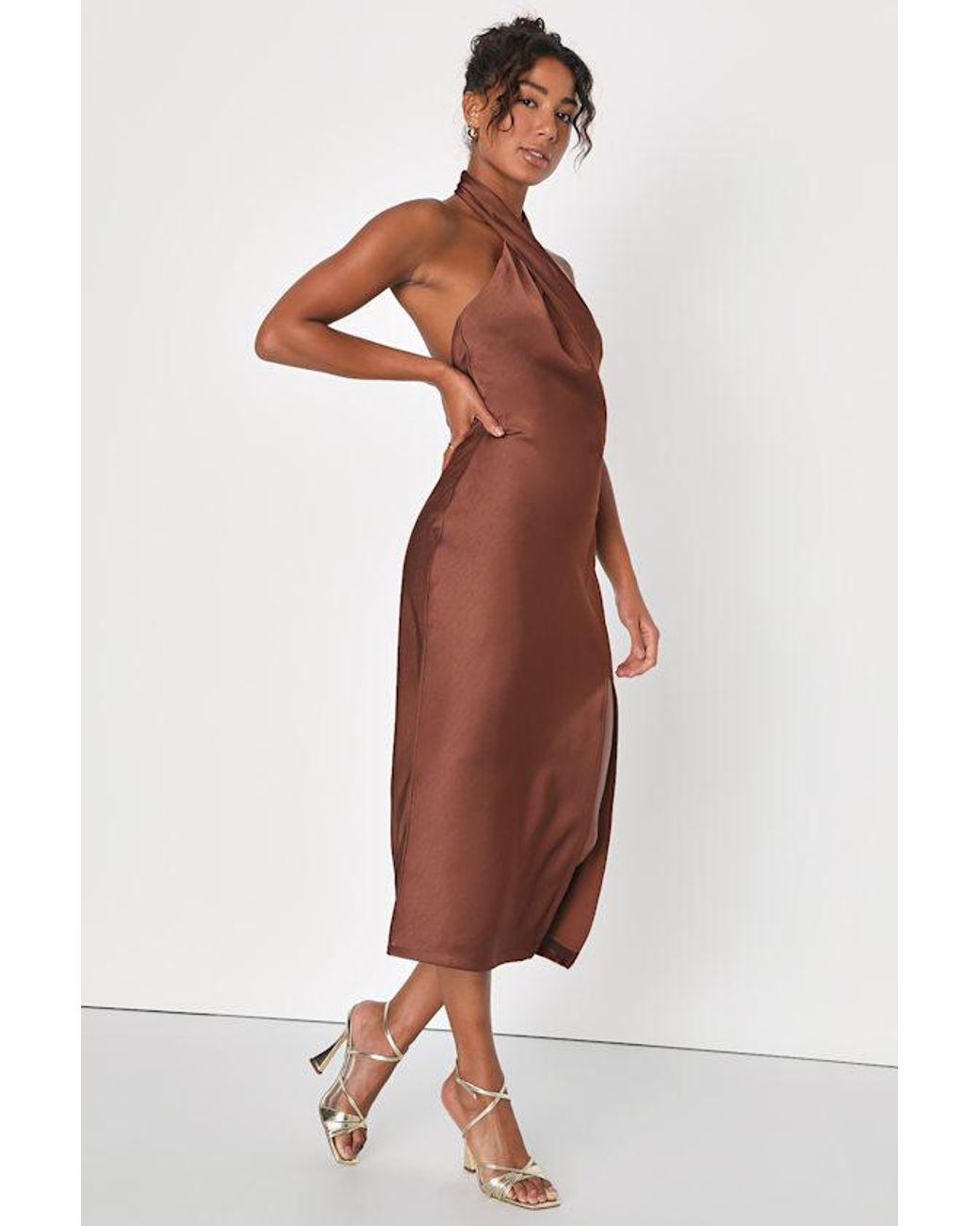 Lulus Brown Beyond Classy Satin Halter Midi Dress
