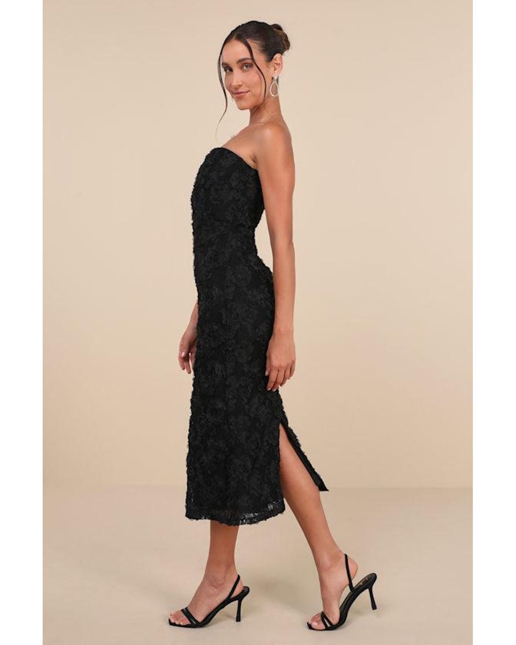 Lulus Black Flawless Perfection Floral Applique Strapless Midi Dress