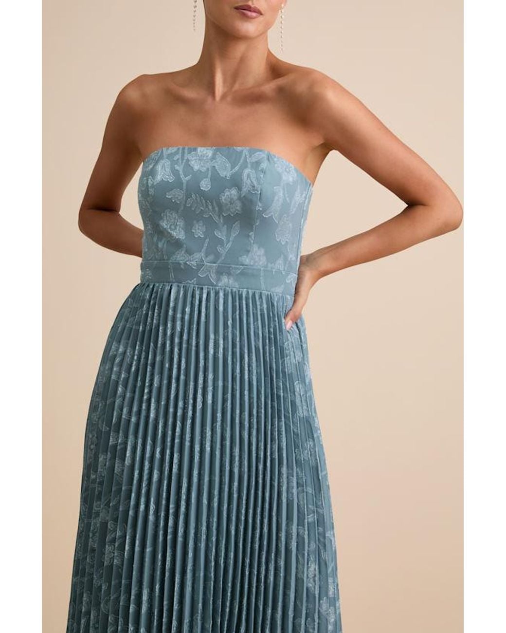 Lulus Blue Perfectly Stunning Jacquard Strapless Midi Dress