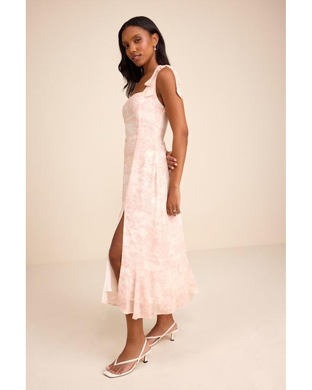 Lulus Natural Summer Invite And Toile Tie-Strap Tiered Midi Dress