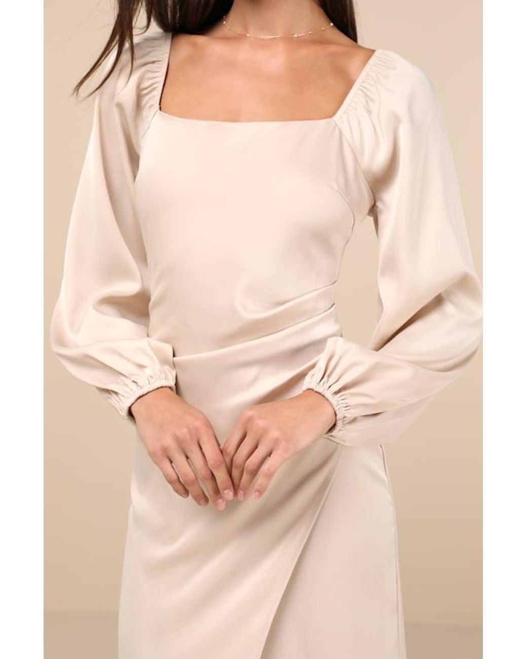 Lulus Natural Eternal Heart Satin Long Sleeve Maxi Dress