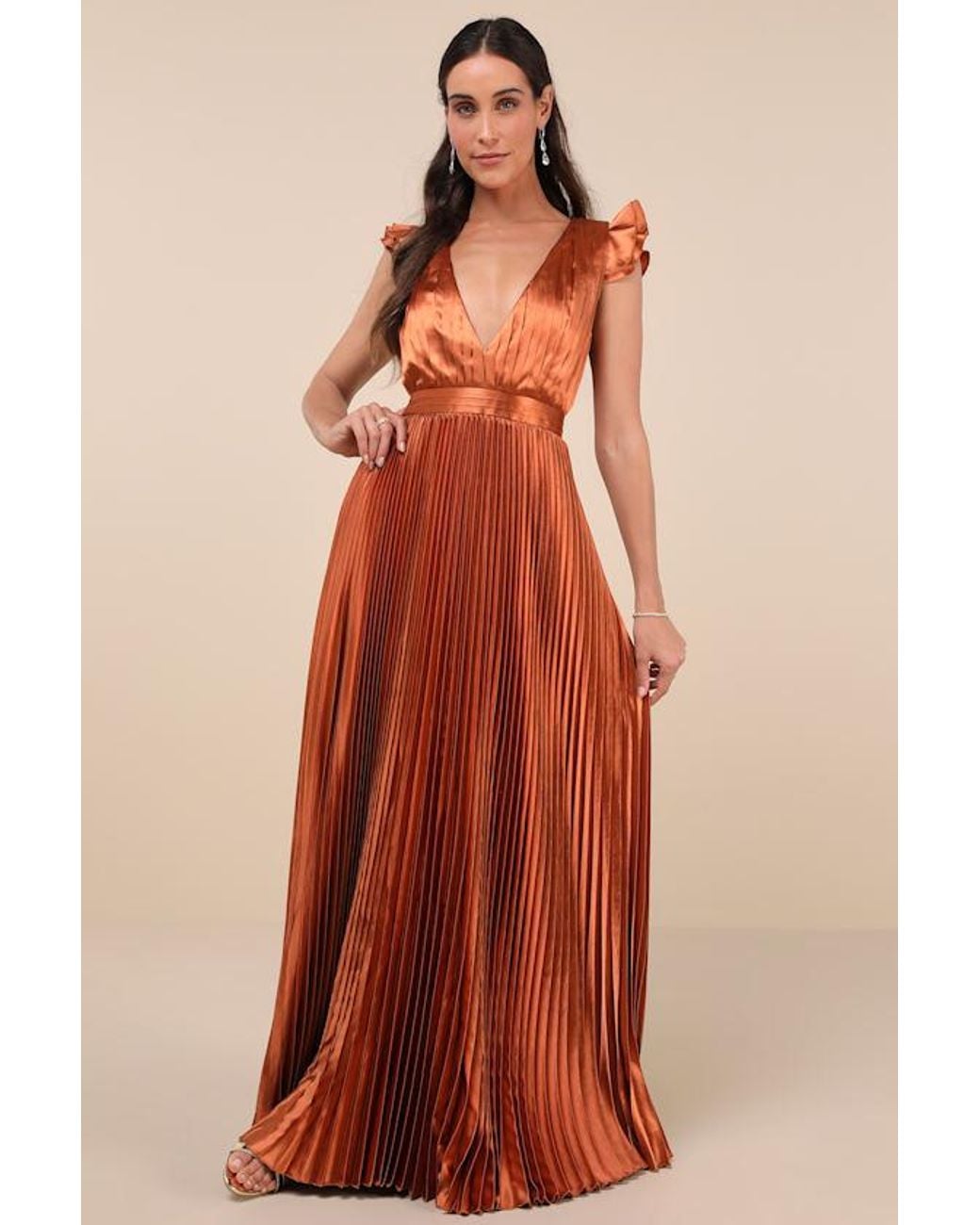 Lulus Exceptional Drama Satin Lace-Up Pleated Maxi Dress in Orange | Lyst