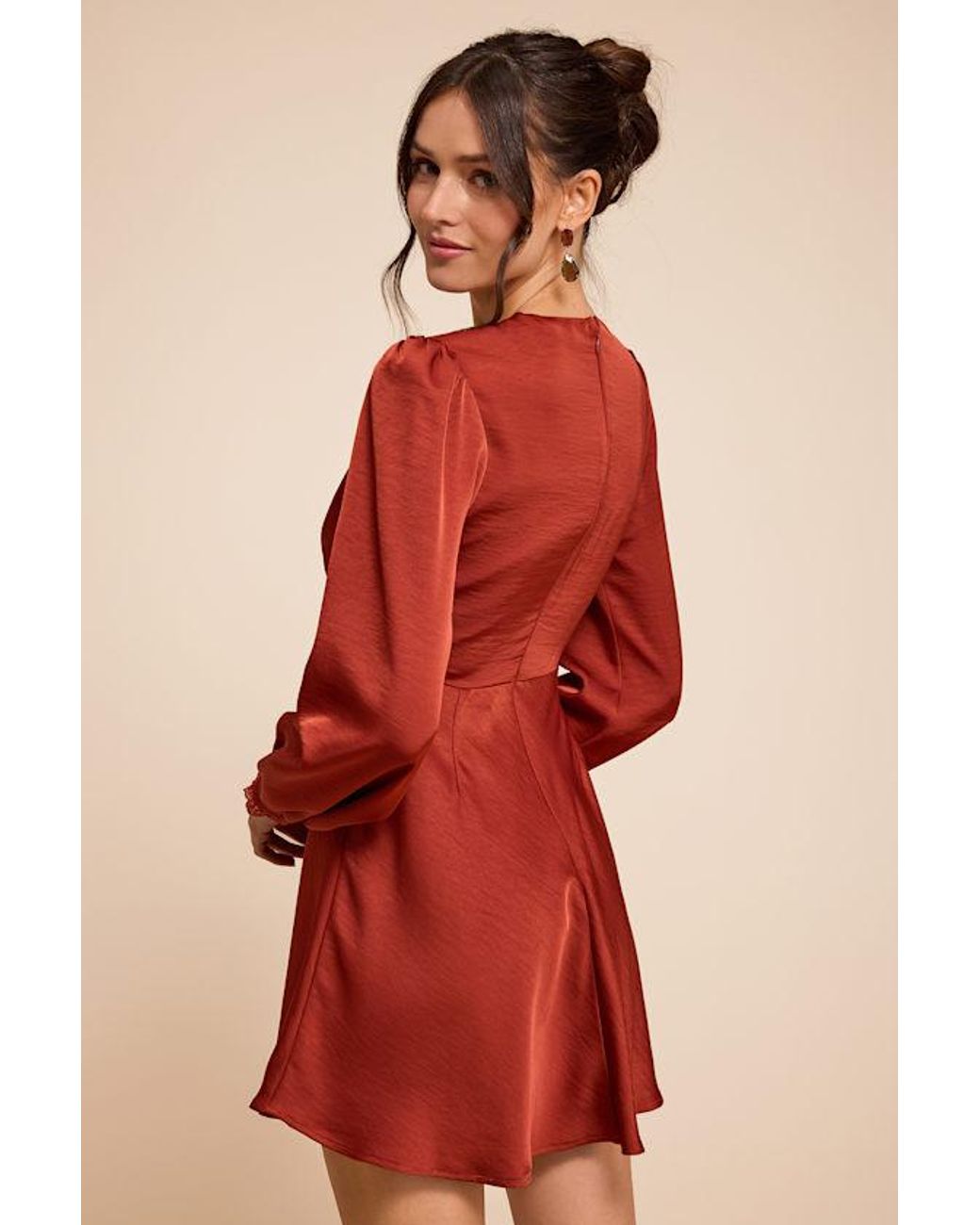 Lulus Red Goldia Satin Long Sleeve Babydoll Mini Dress