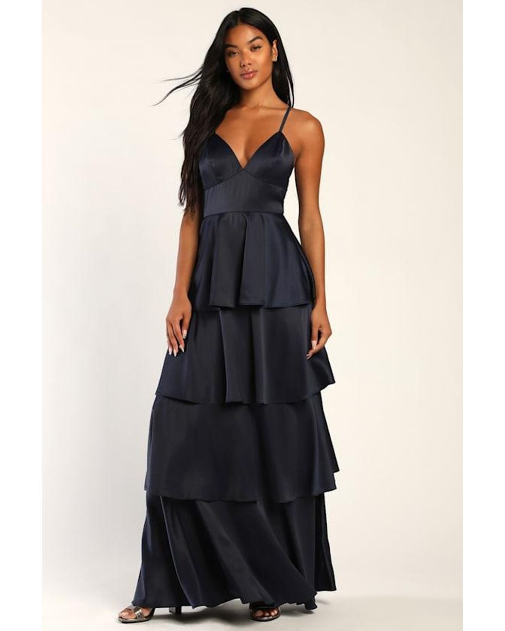 Lulus Blue Going With Elegance Satin Tiered Gown