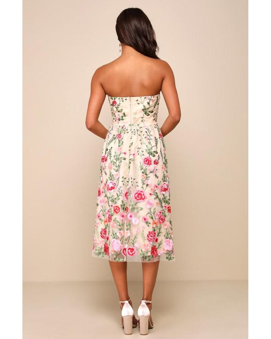 Lulus Pink Endless Praise Floral Embroidered Strapless Midi Dress