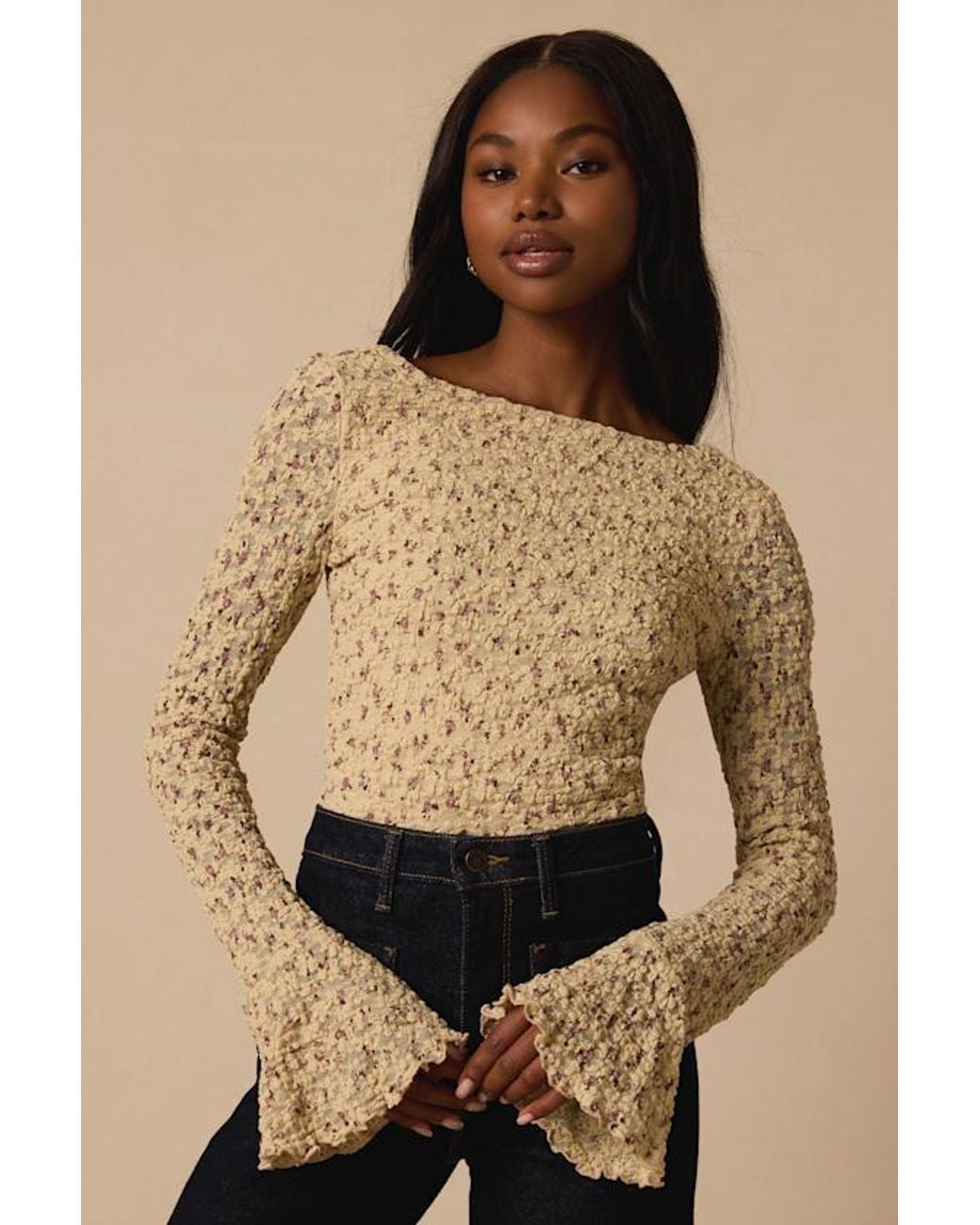 Lulus Brown Lisset Textured Floral Long Sleeve Top