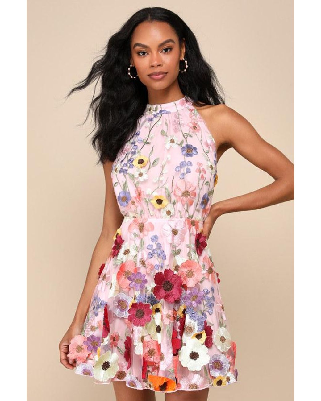 Lulus Blooming Bliss 3D Floral Embroidered Halter Mini Dress