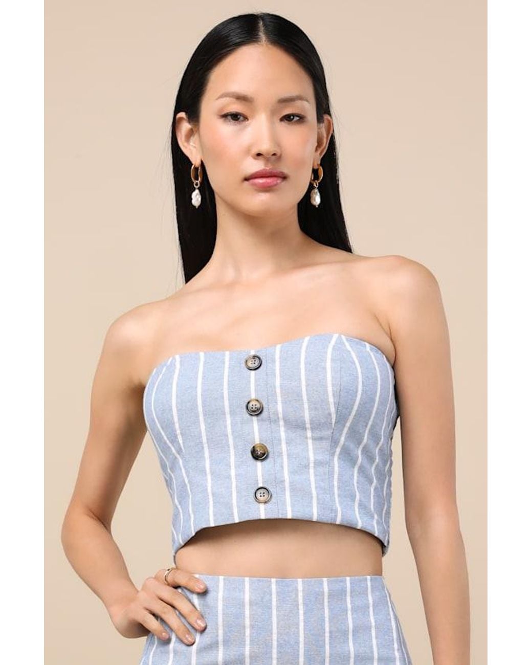 Lulus Blue Solana Striped Strapless Button-Front Top