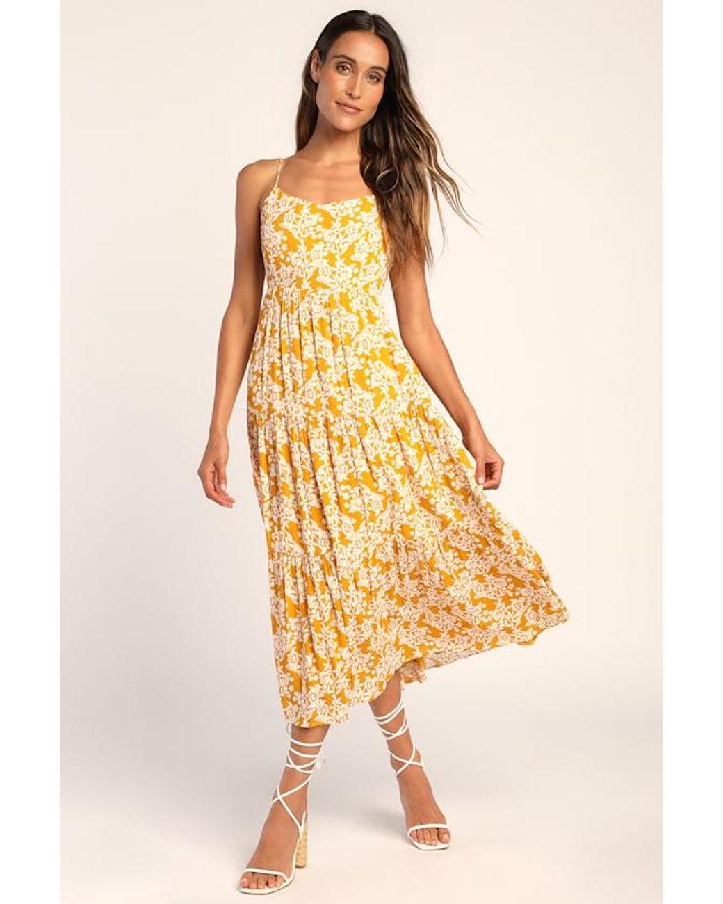 Lulus Yellow Catching Sunrays Floral Print Midi Dress