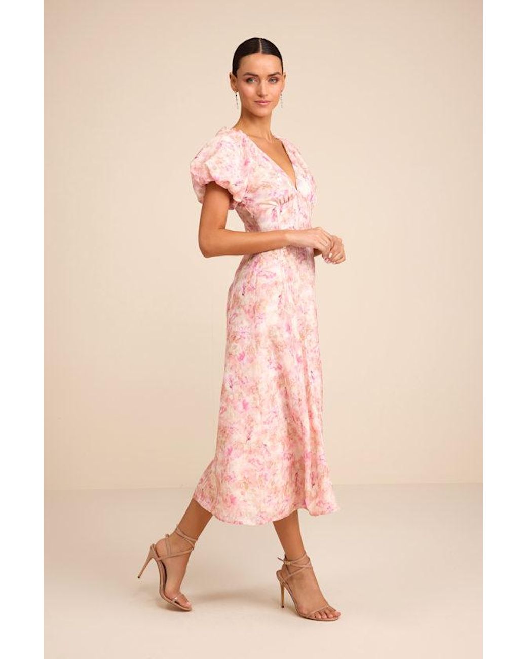 Lulus Pink Arleth And Floral Puff Sleeve Midi Dress