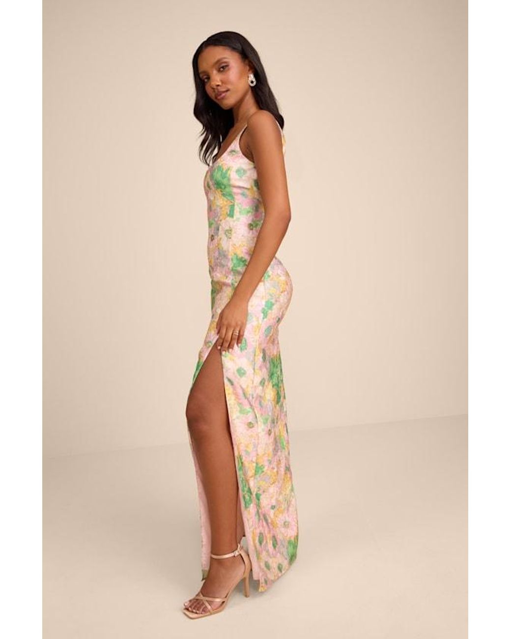 Lulus Natural Lamella Multi Floral Jacquard Maxi Dress