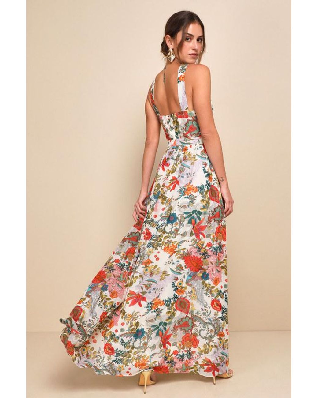 lilja cream floral print maxi dress Lulus Lilja Cream Floral Print Maxi Dress In Beige