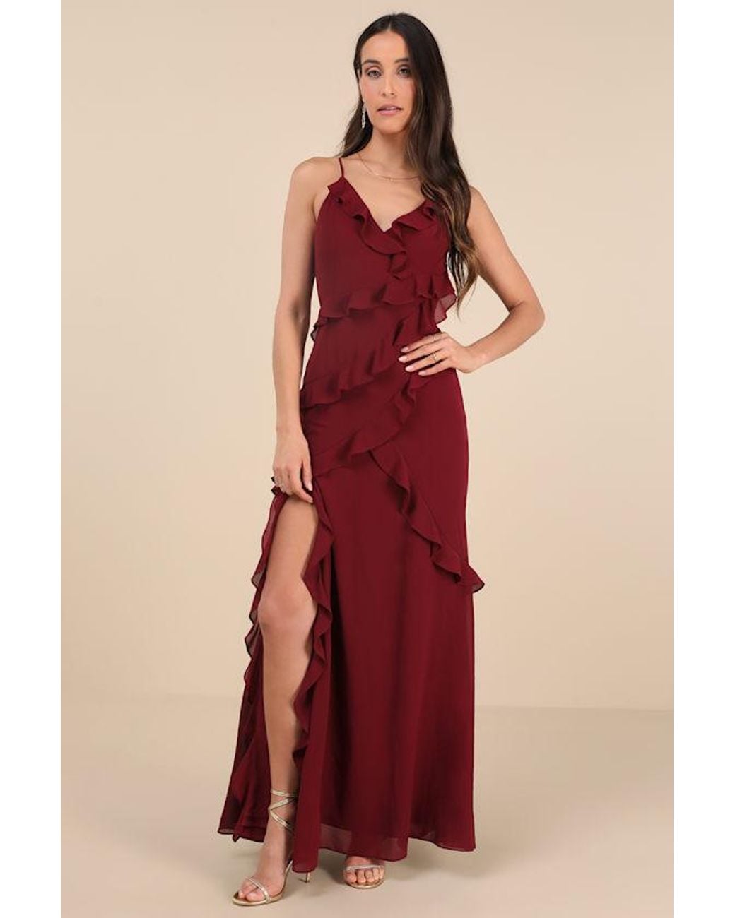 Lulus Red Fancy Sweetness Ruffled Lace-Up Sleeveless Maxi Dress