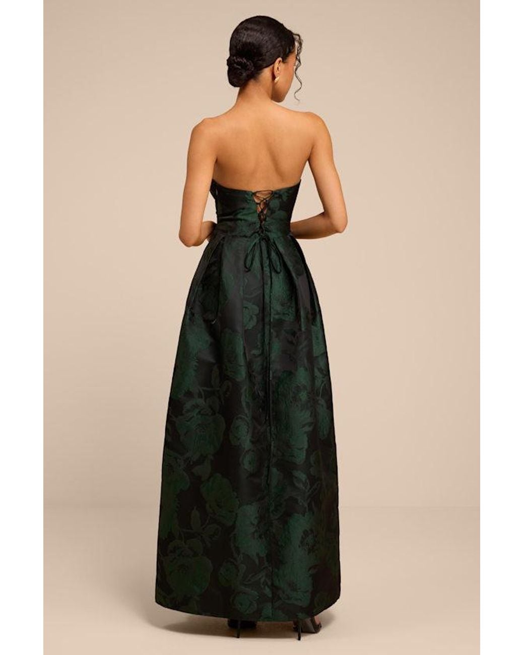 Lulus Green Laurelin Emerald Floral Jacquard Pleated Strapless Maxi Dress