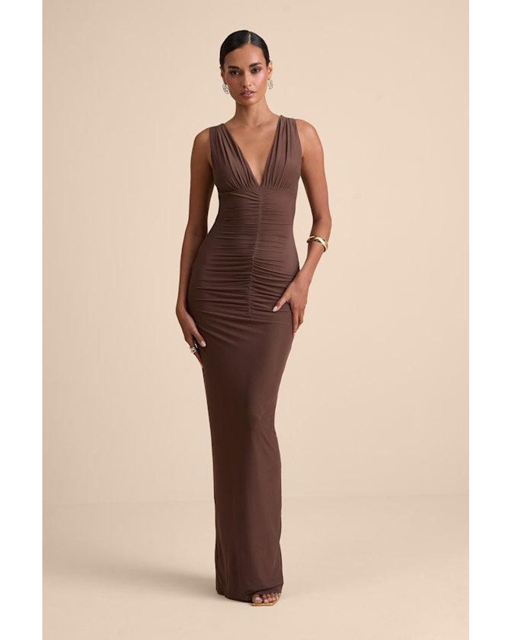 Lulus Brown Aveline Jersey Knit Ruched Bodycon Maxi Dress