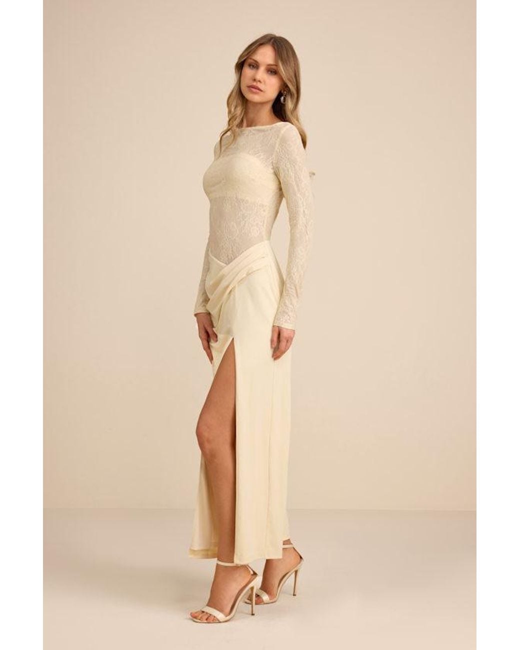 Lulus Natural Nadina Pale Lace Long Sleeve Maxi Dress