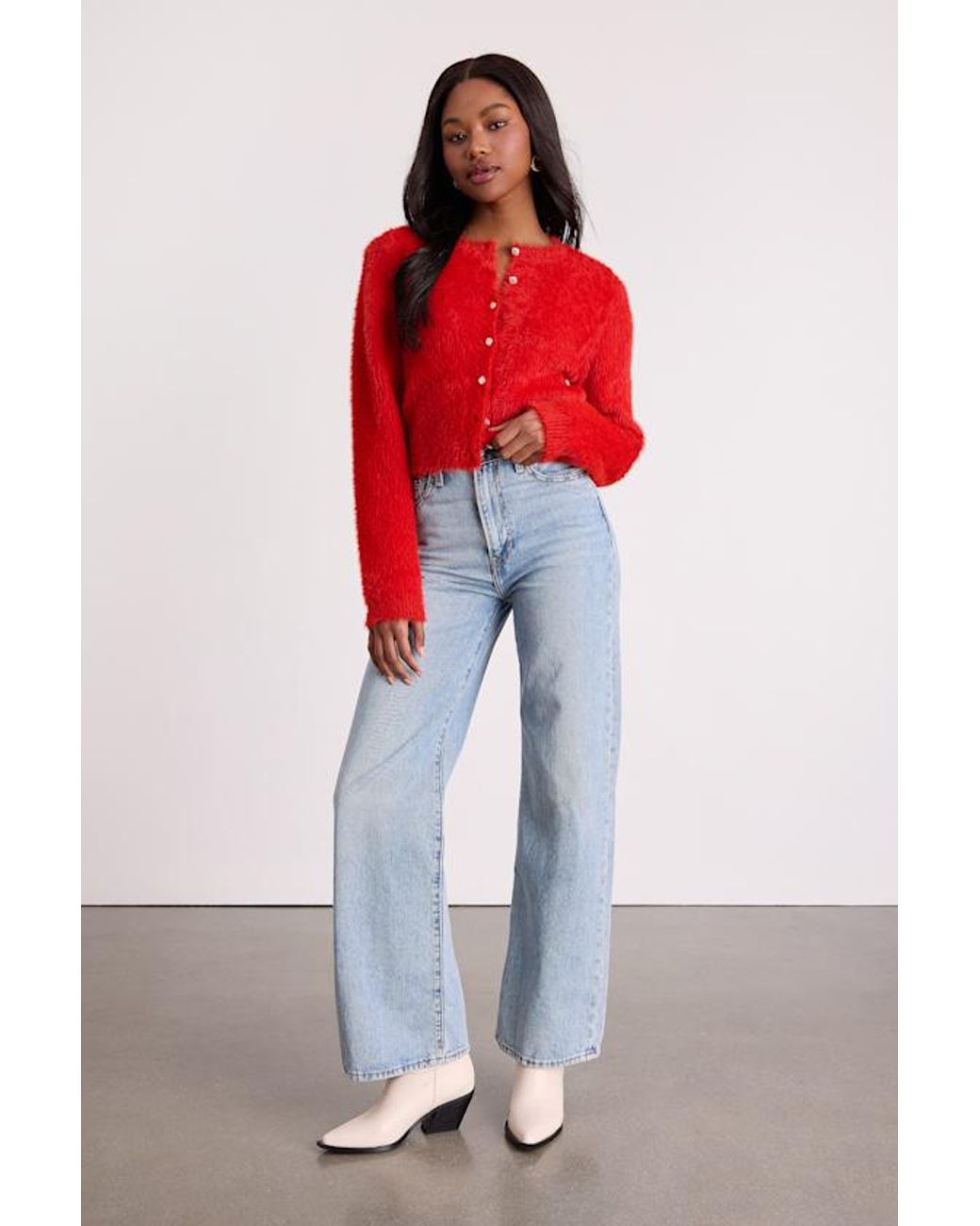 Lulus Red Arinda Eyelash Knit Button-Up Cardigan