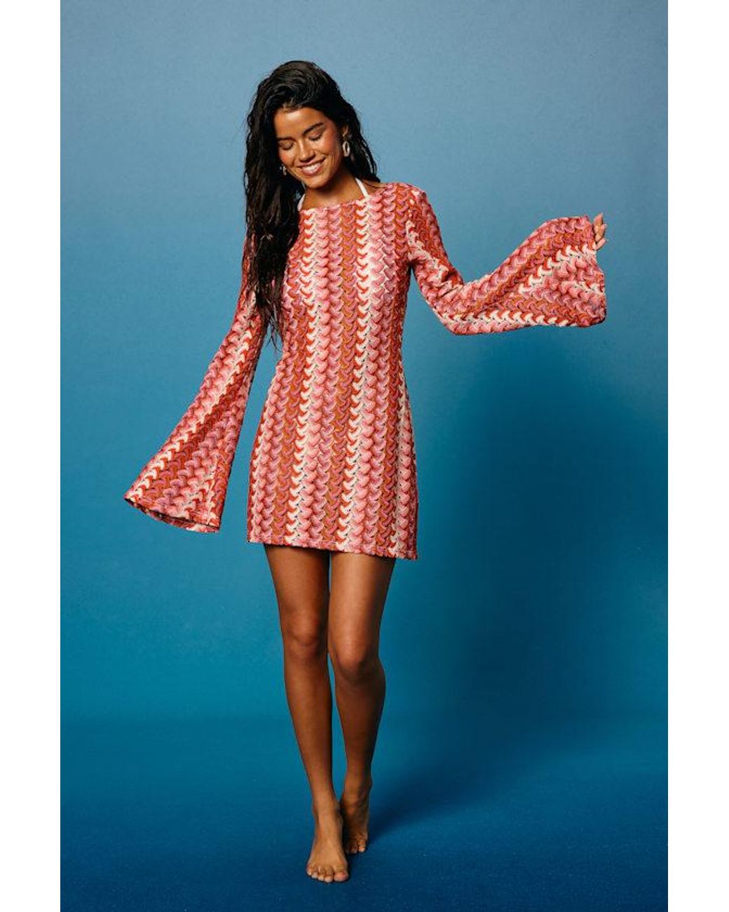 Lulus Blue Valestra Striped Crochet Long Sleeve Swim Cover-Up Dress