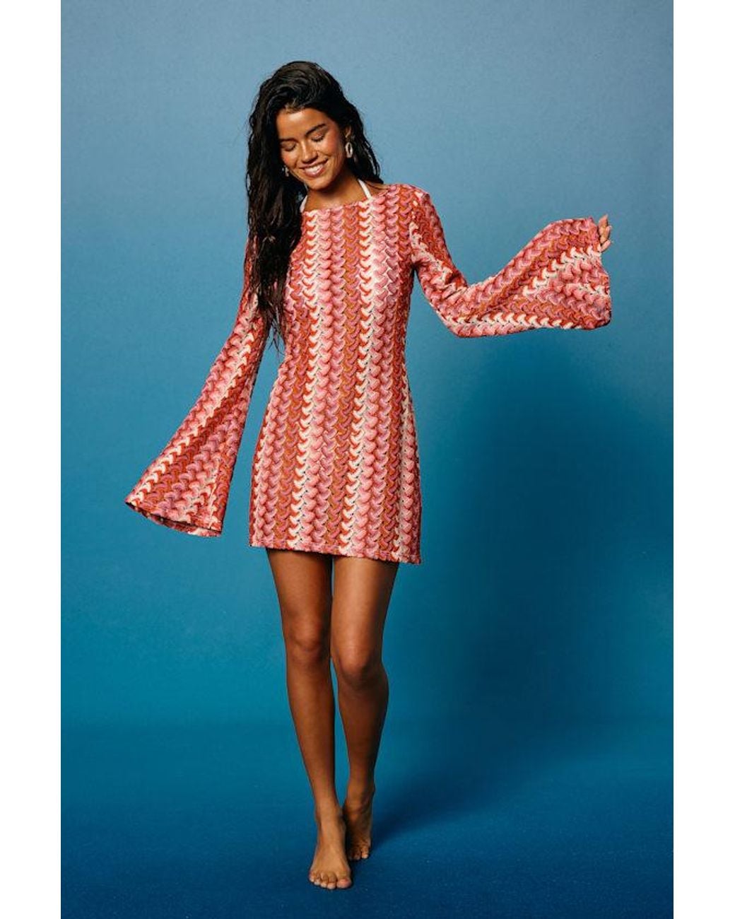 Lulus Valestra Striped Crochet Long Sleeve Swim Cover-Up Dress in Blue |  Lyst