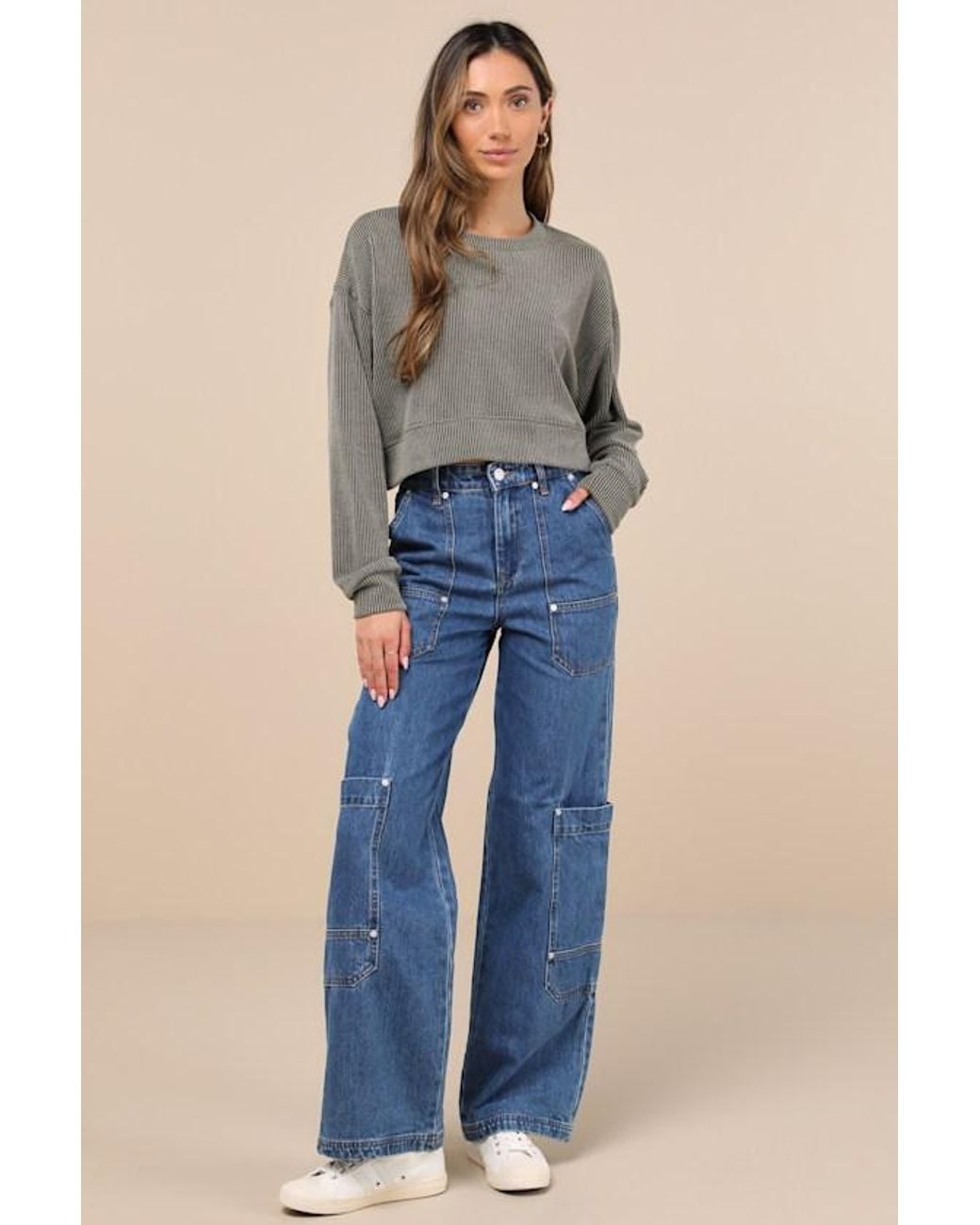 Lulus Gray Relaxed Attitude Textured Ribbed Long Sleeve Crop Top