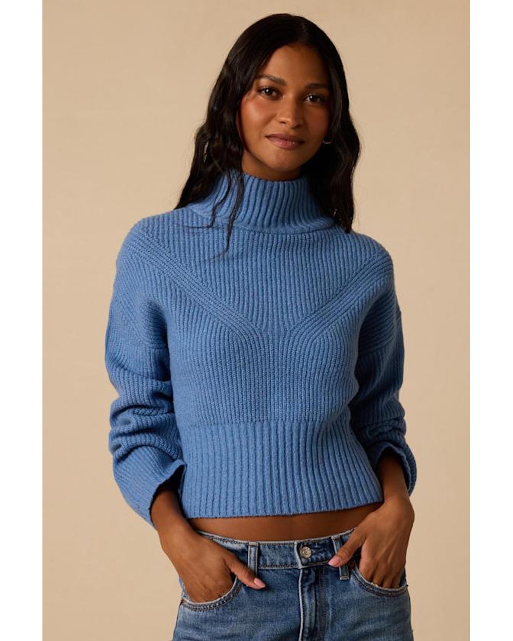 Lulus Blue Snuggly Days Cropped Mock Neck Sweater