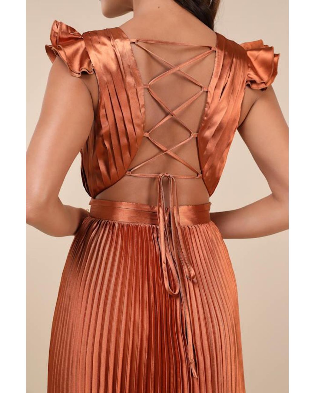Lulus Orange Exceptional Drama Satin Lace-Up Pleated Maxi Dress
