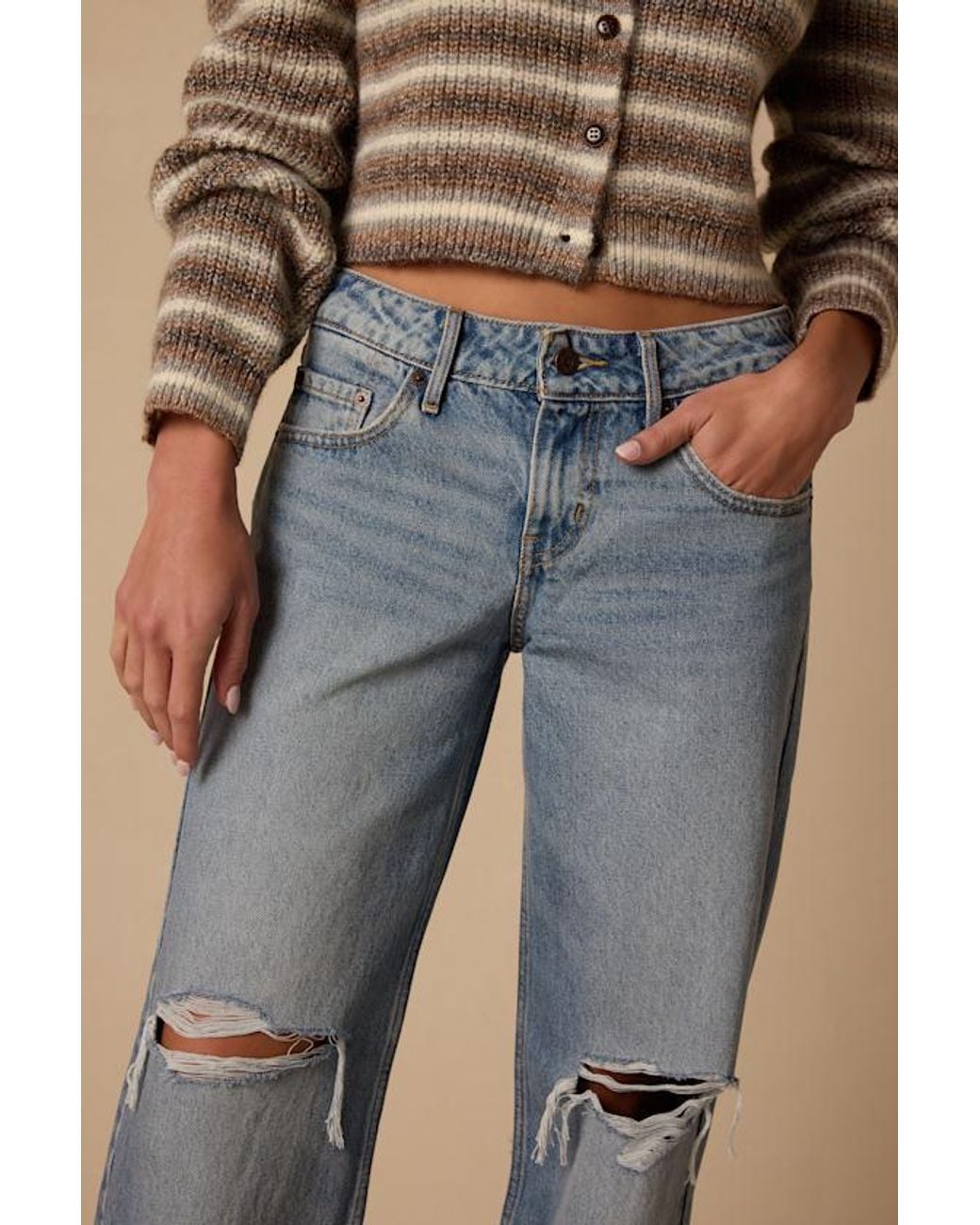 Levi's Natural Low Loose Medium Wash Distressed Low-Rise Wide-Leg Jeans