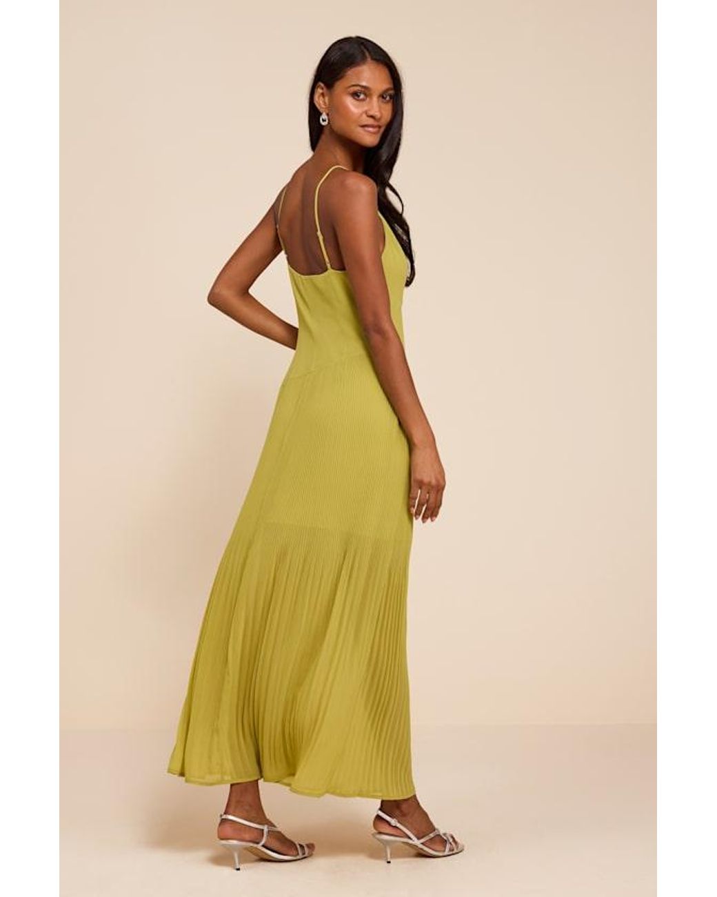 Lulus Yellow Mura Chartreuse Pleated Drop Waist Midi Dress