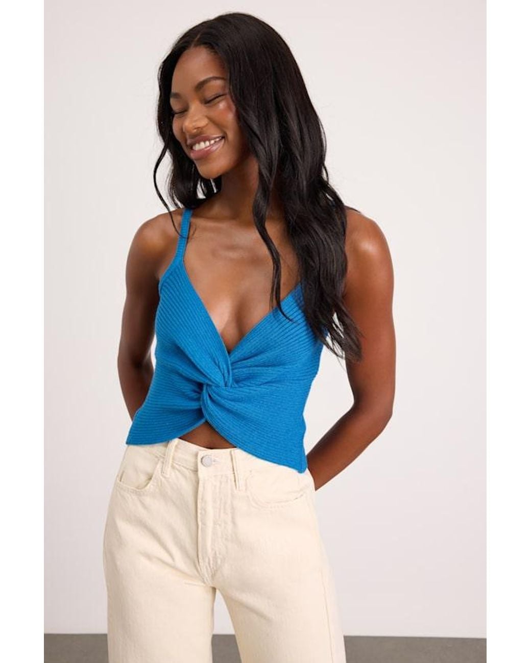 Lulus Blue Melika Bright Ribbed Knotted Crop Tank Top